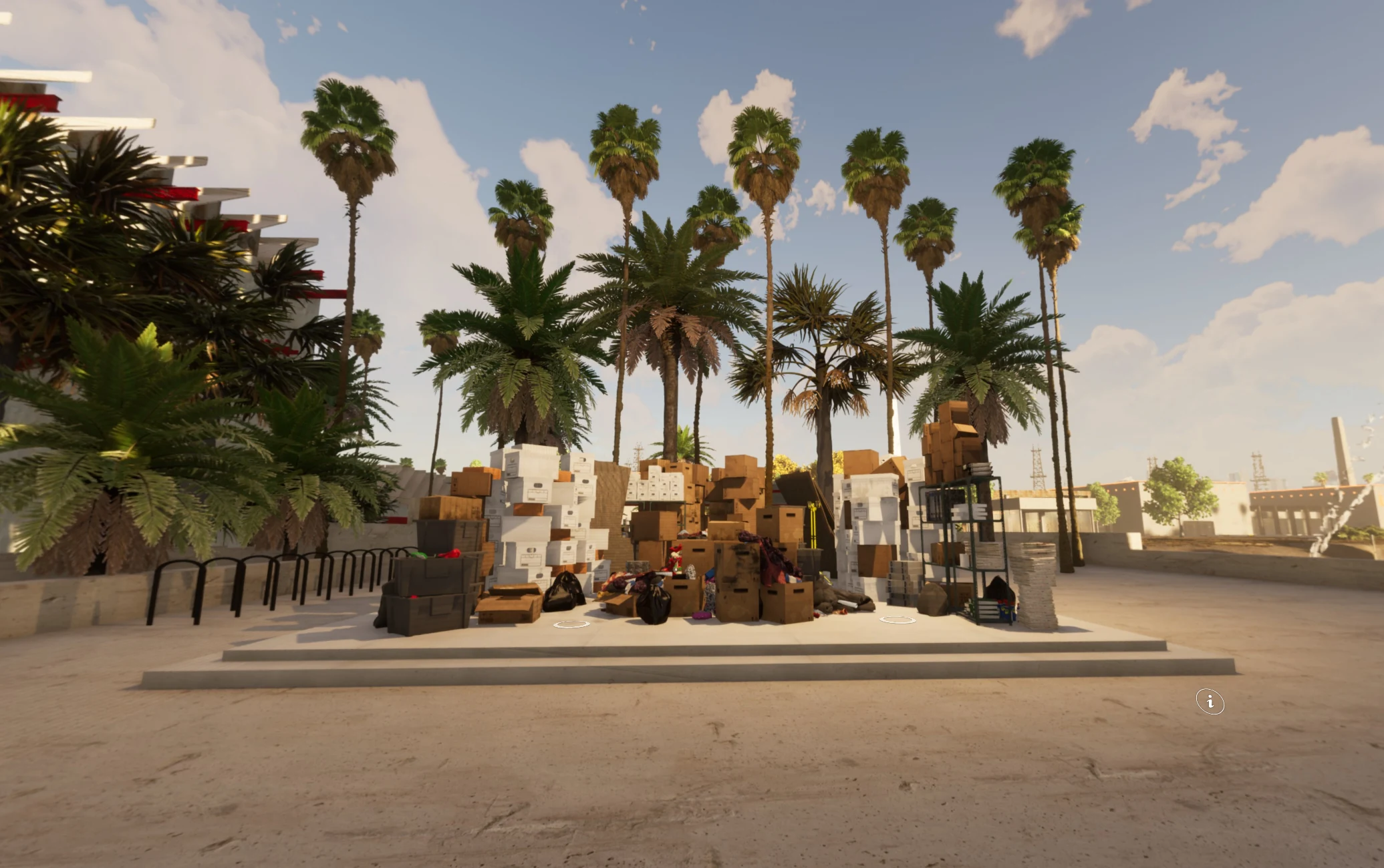 Virtual installation of stacked boxes and fabric on a plinth among palm trees