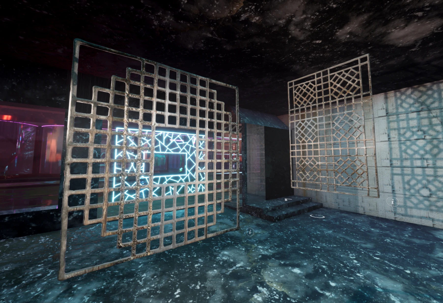 Virtual installation of illuminated lattice screens in a dark space