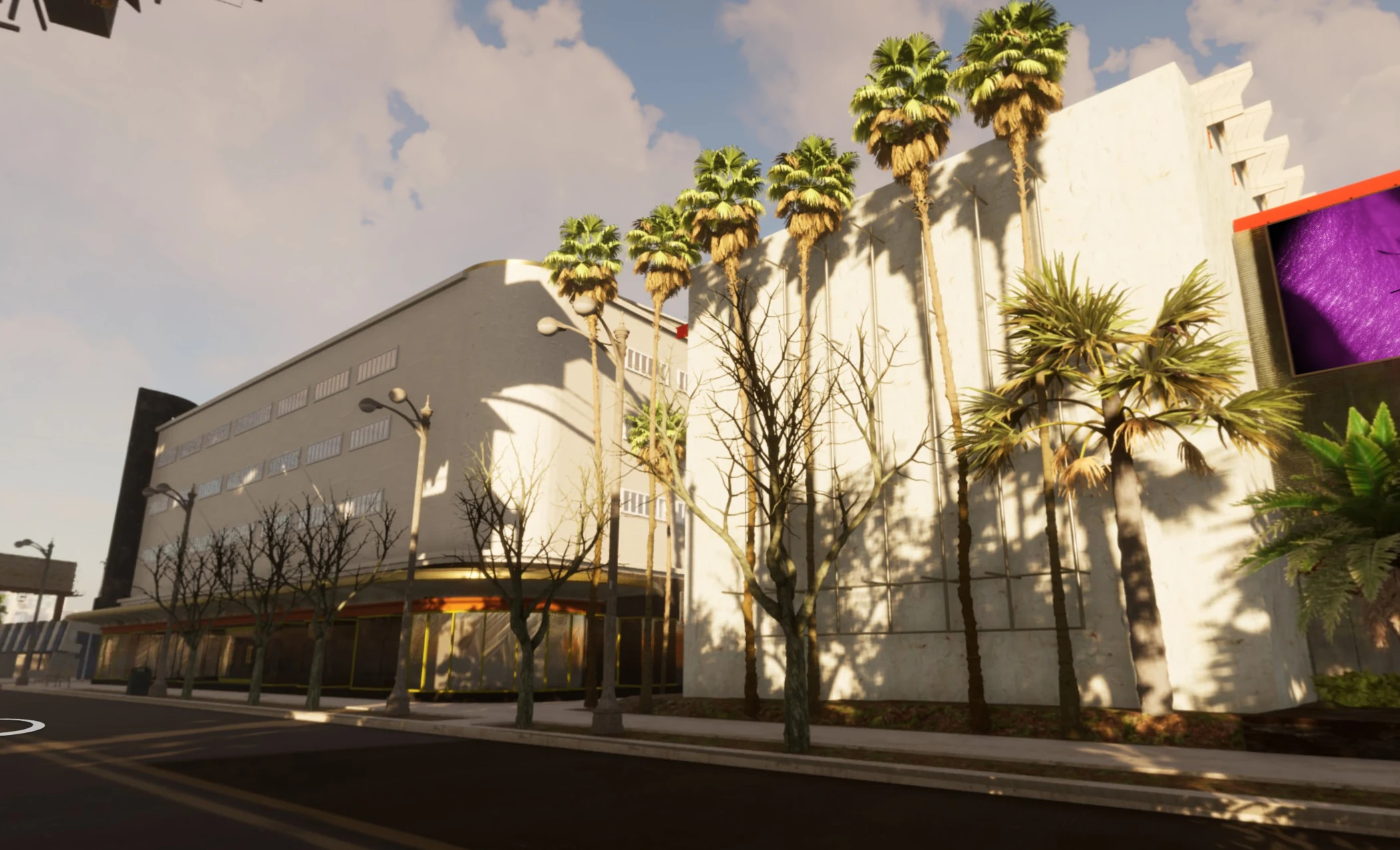 Rendered Los Angeles cultural landmarks with palm trees under afternoon light