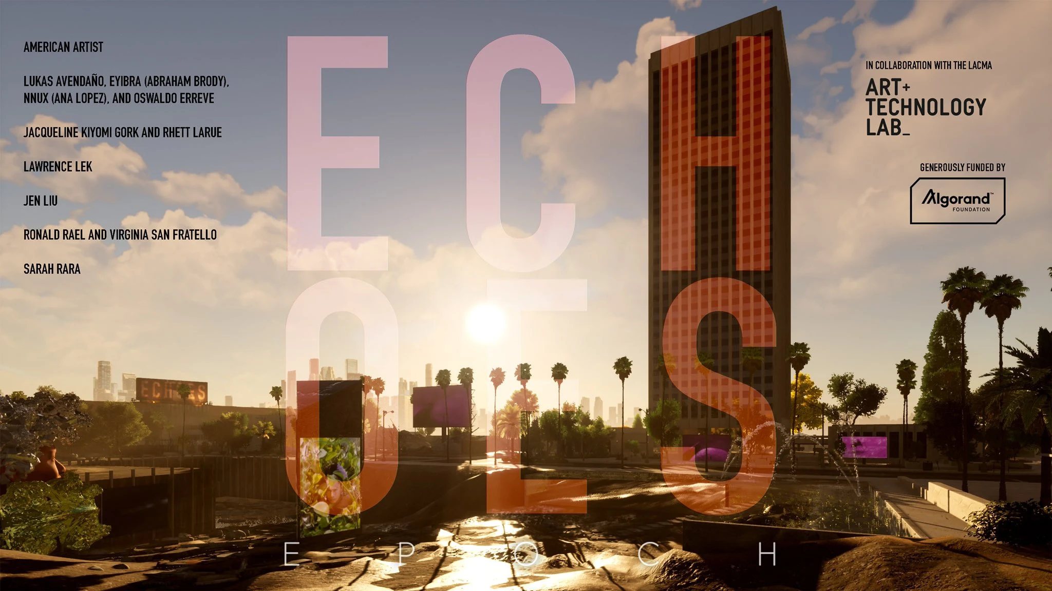 Echoes virtual exhibition title card over a rendered Los Angeles skyline at dusk