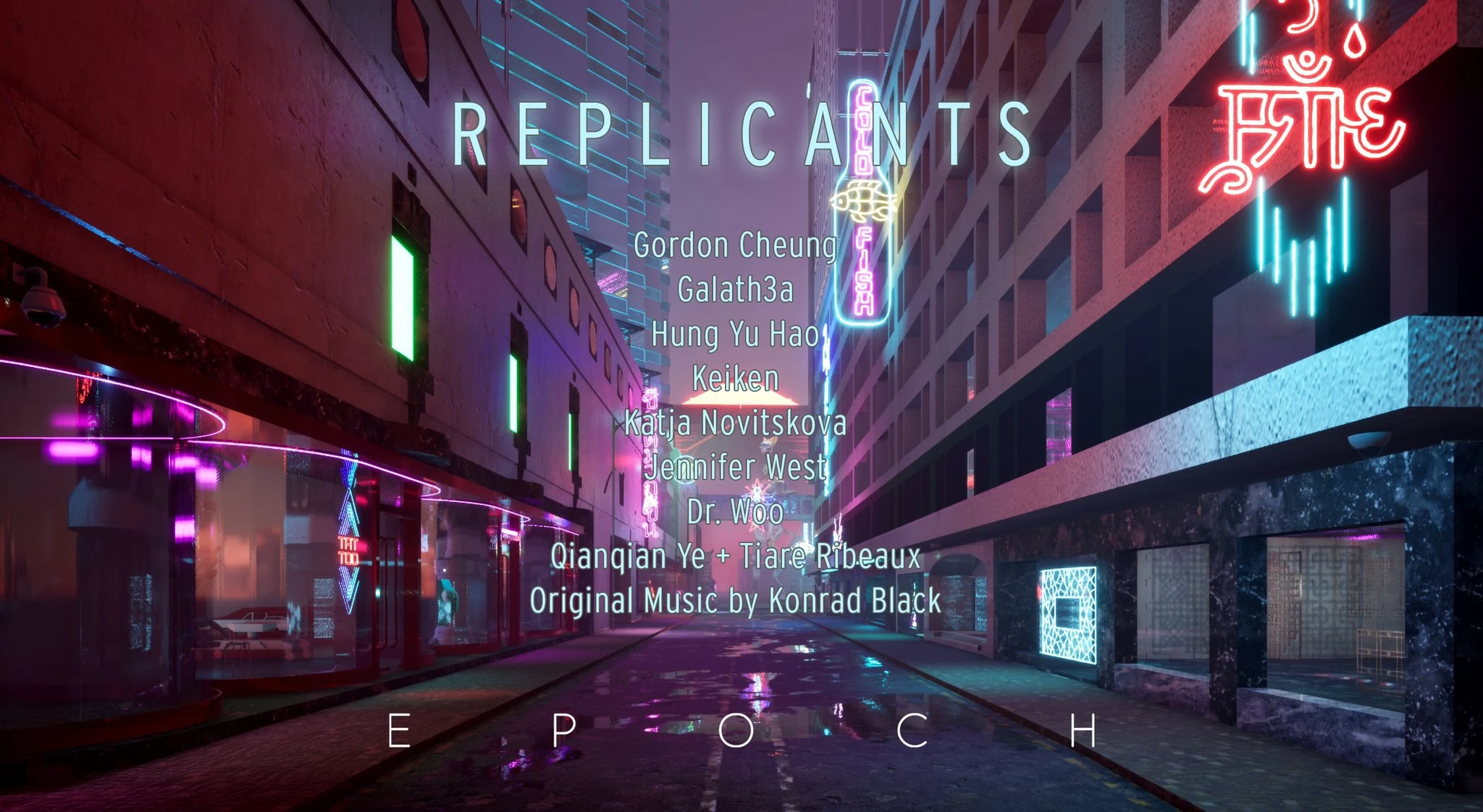 Neon-lit virtual street at night with the Replicants exhibition title and artist credits