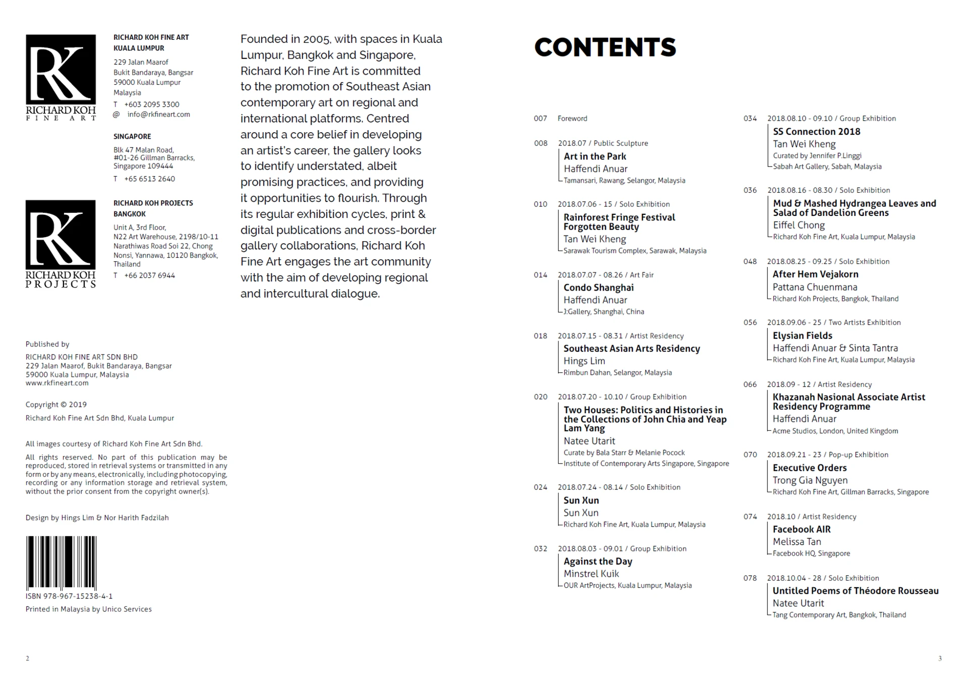 Almanac contents spread with a dense typographic exhibition listing