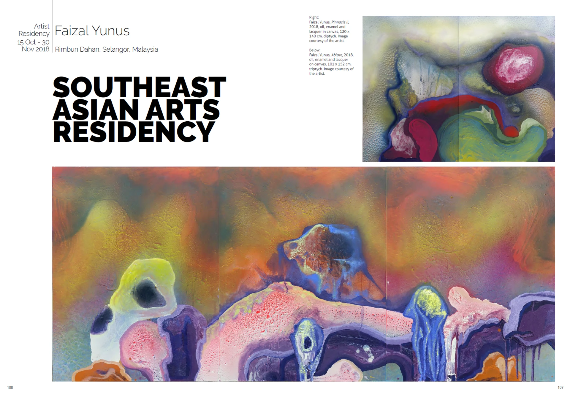Almanac spread documenting the Southeast Asian Arts Residency, with a large painting reproduction