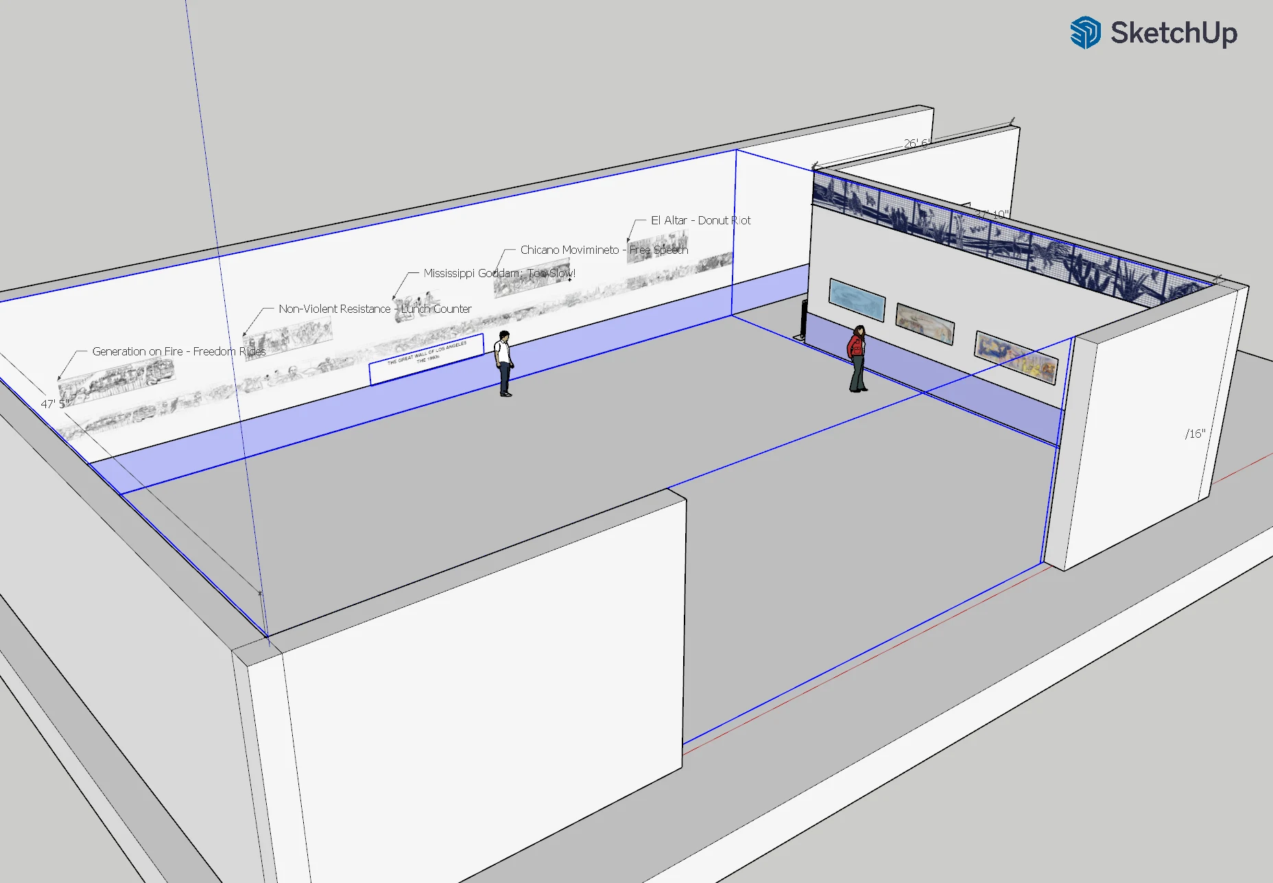 SketchUp exhibition mockup showing wall layout and didactic text for The Great Wall of Los Angeles at Jeffrey Deitch Gallery