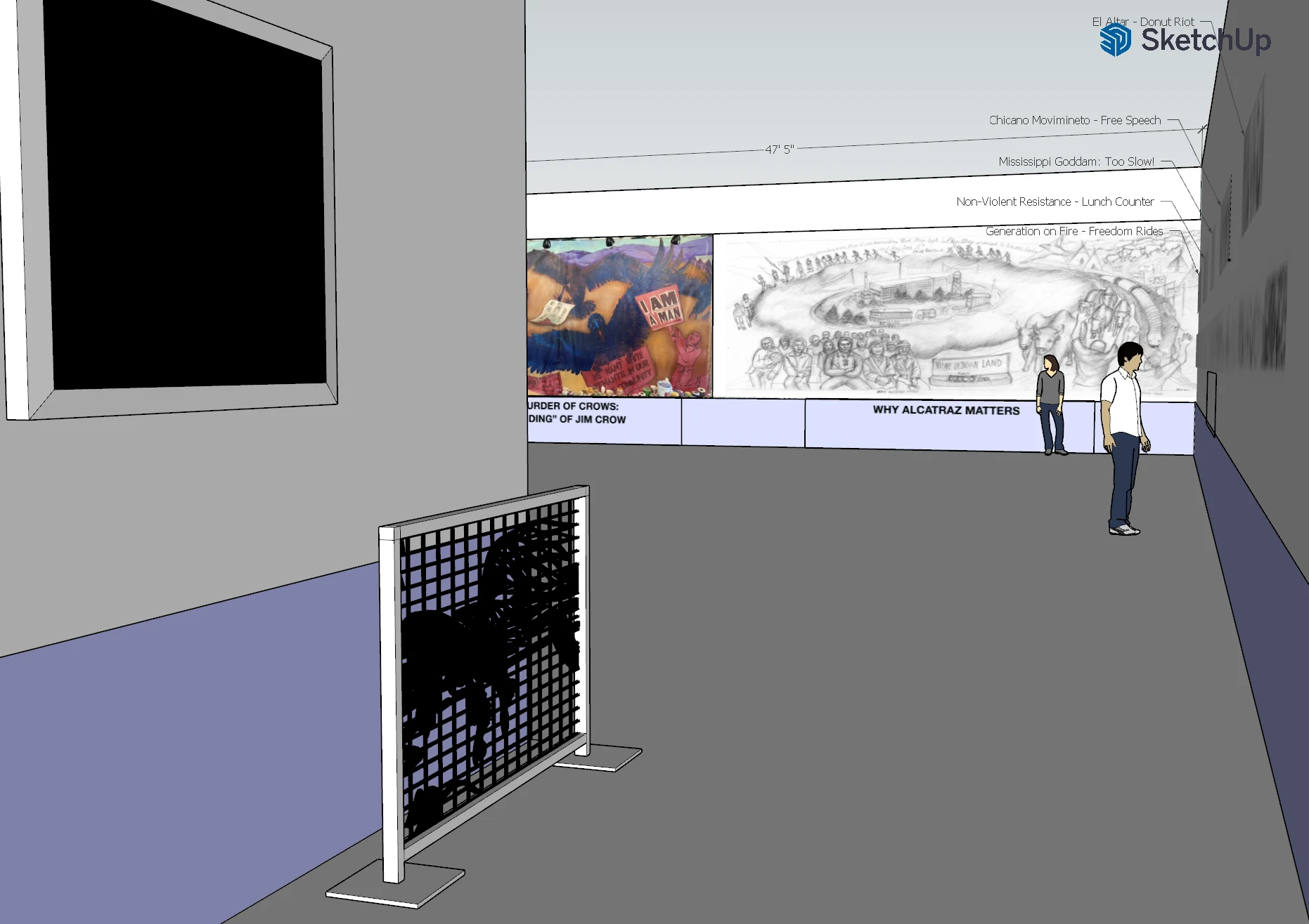 Interior perspective render showing environmental graphics, didactic panels, and visitor sightlines