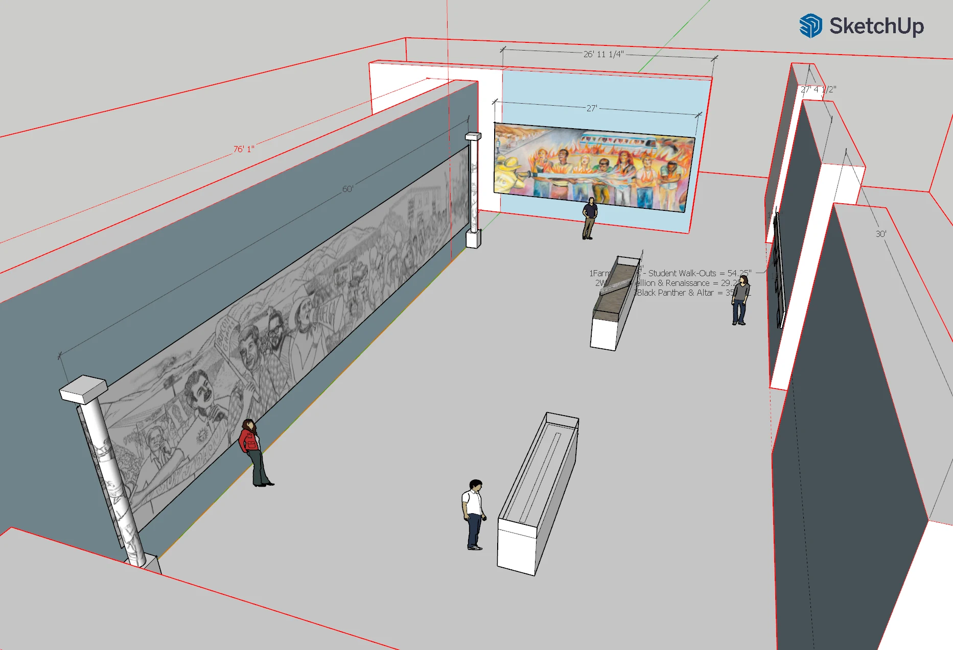 SketchUp 3D pre-visualization of Painting in the River of Angels exhibition at LACMA