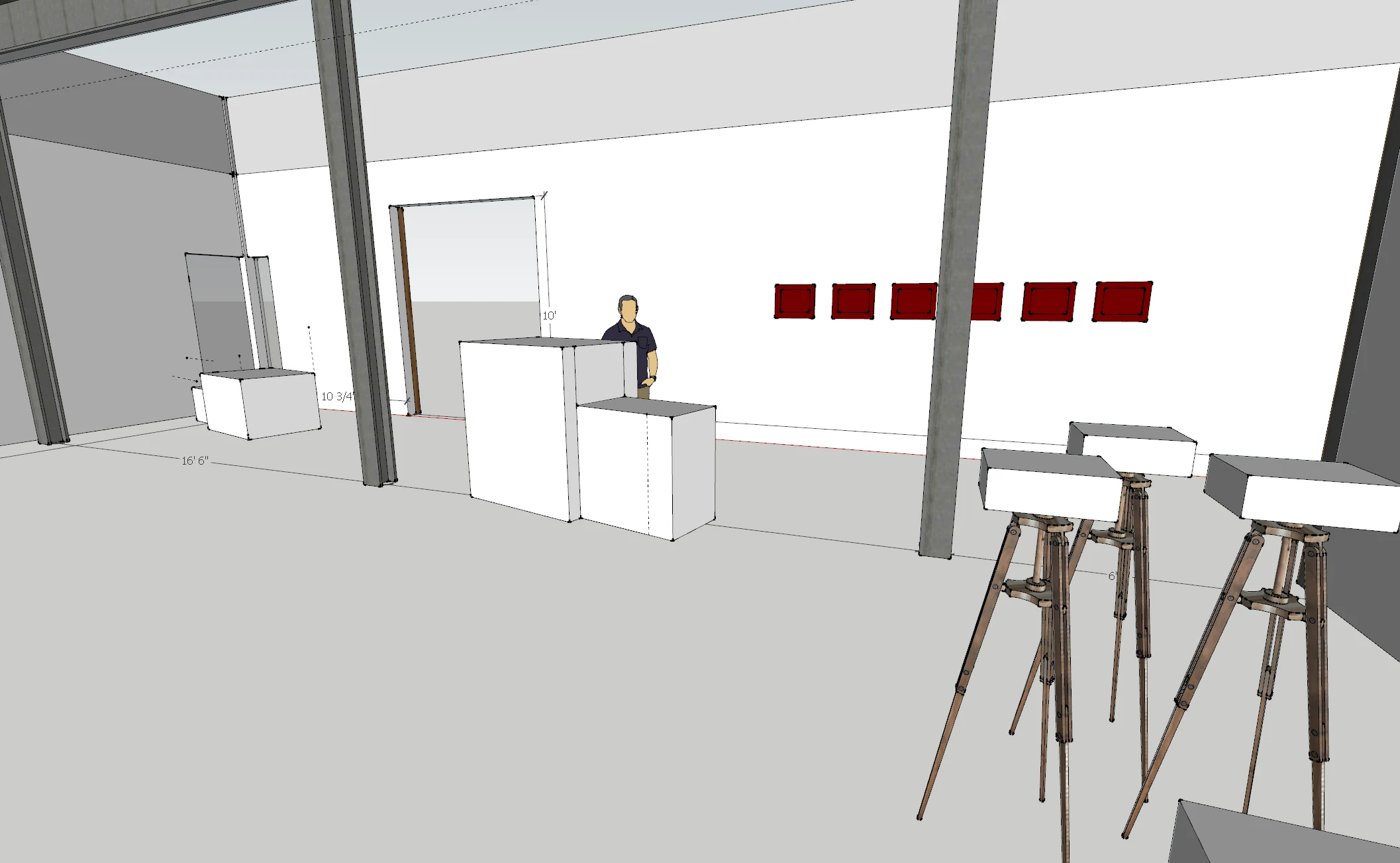 SketchUp pre-visualization render with dimensions and human figure for scale