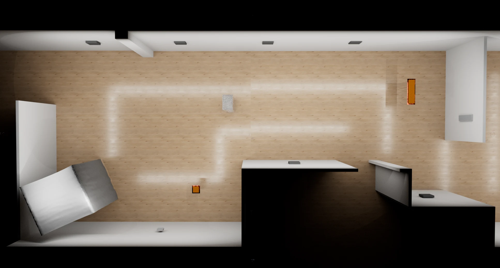 Top-down Houdini render of the full gallery floor plan