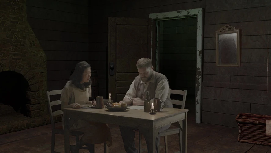 Two figures at a table in a rendered cabin interior lit by candles