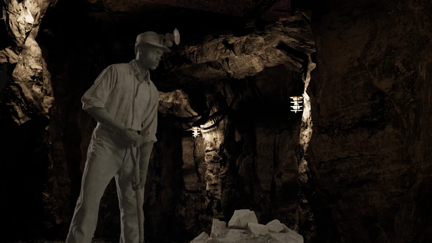 Figure with a headlamp in a rendered mine tunnel