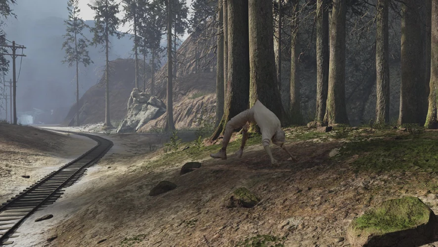 Rendered forest with a railway track and a crouching figure