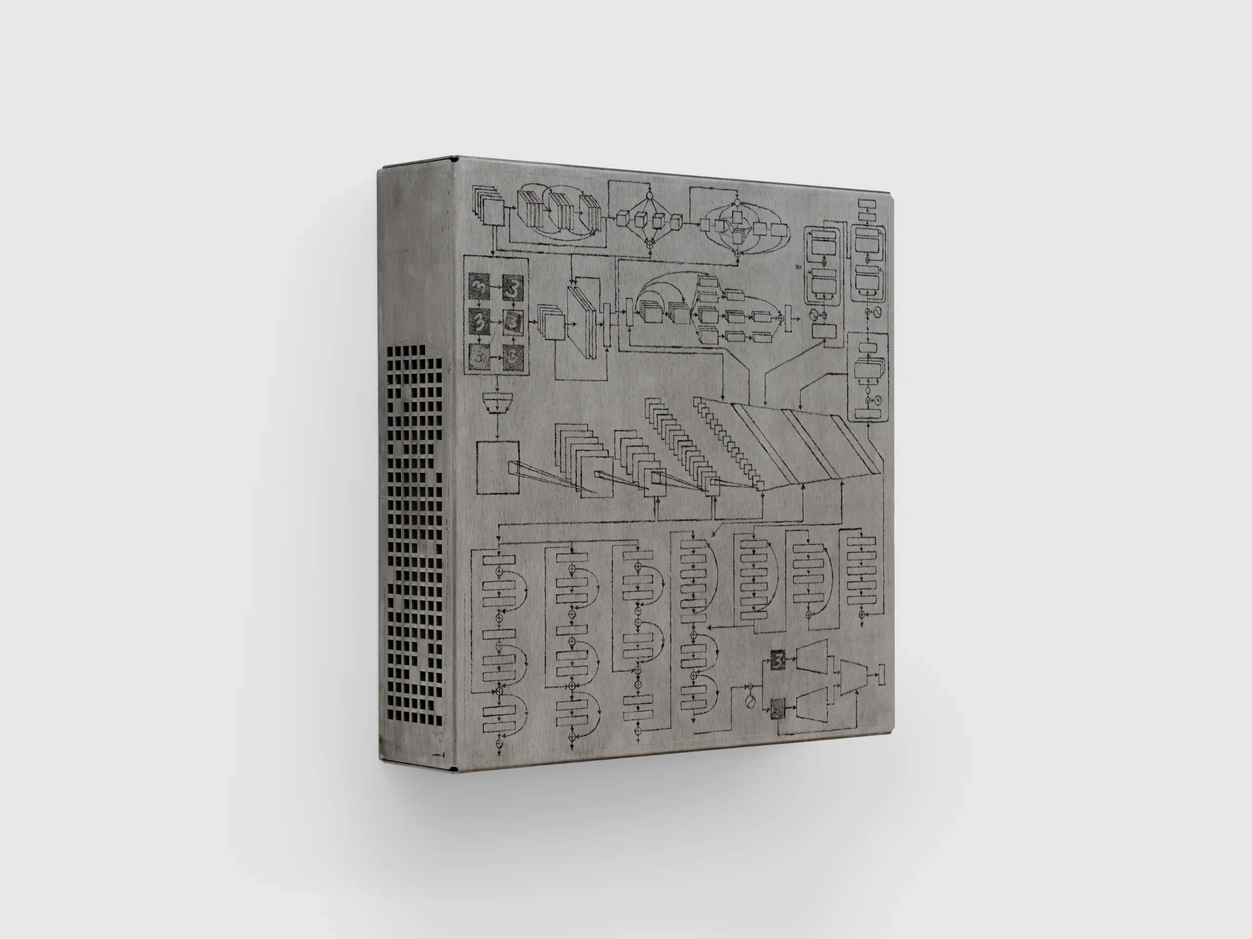 Detail of hand-engraved aluminum plate depicting convolutional neural network